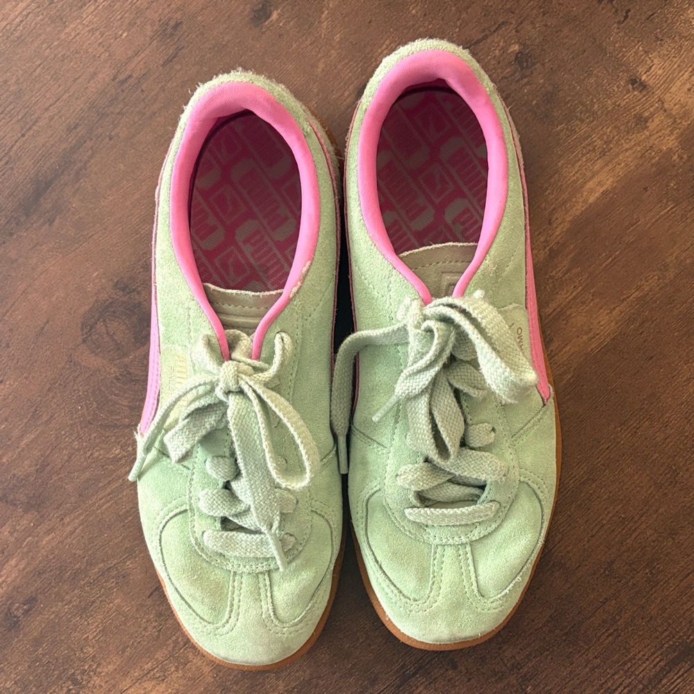 Puma Mint Green Suede Sneakers with Pink Accents